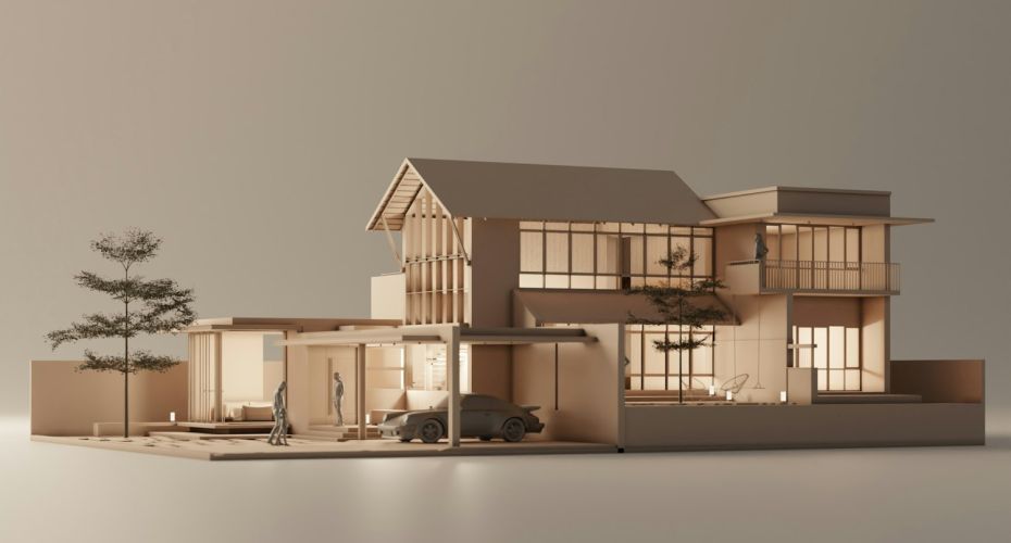a model of a house with a car parked in front of it